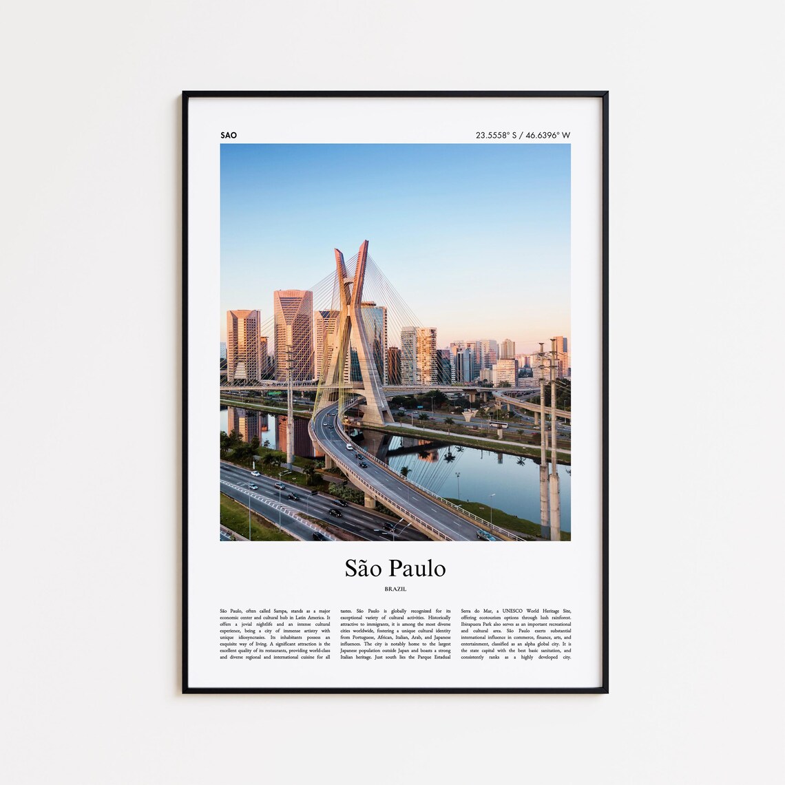 Sao Paulo Brazil Sunset Bridge Skyline Color Travel Photo Poster