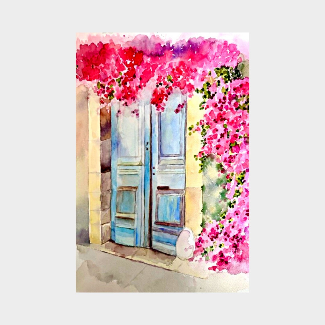 Blue Wooden Doors With Pink Bougainvillea Watercolor Art Poster