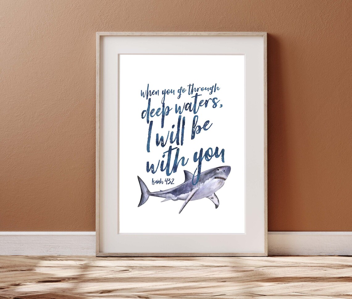 Isaiah 43v2 Blue Watercolor Shark Scripture Art Print - Image 3