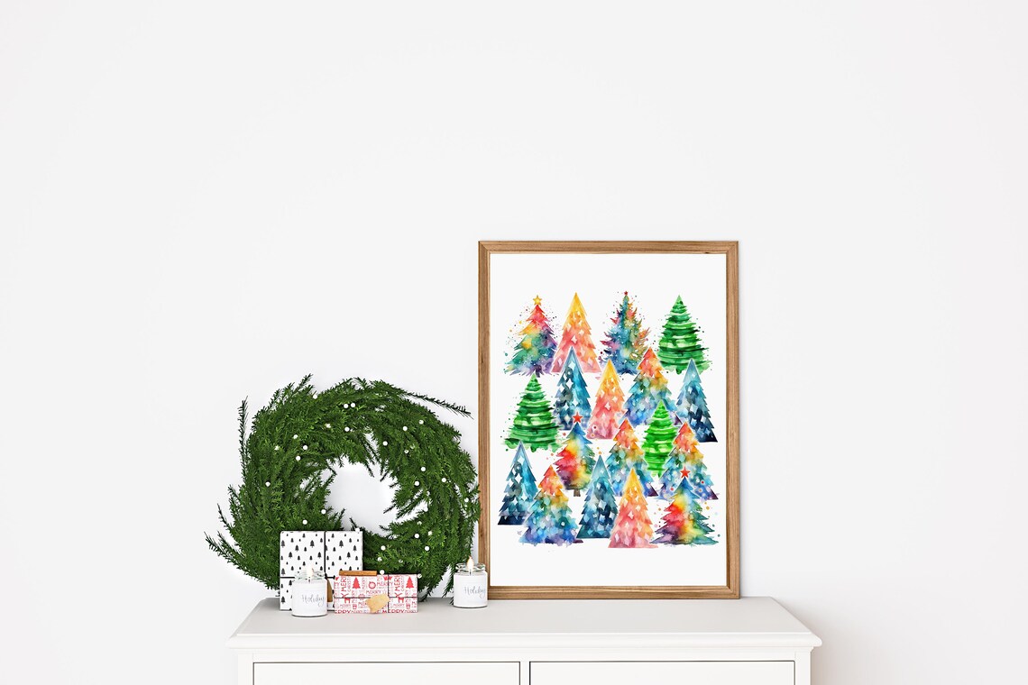 Rainbow Christmas Trees Watercolor Holiday Art Print - Image 2