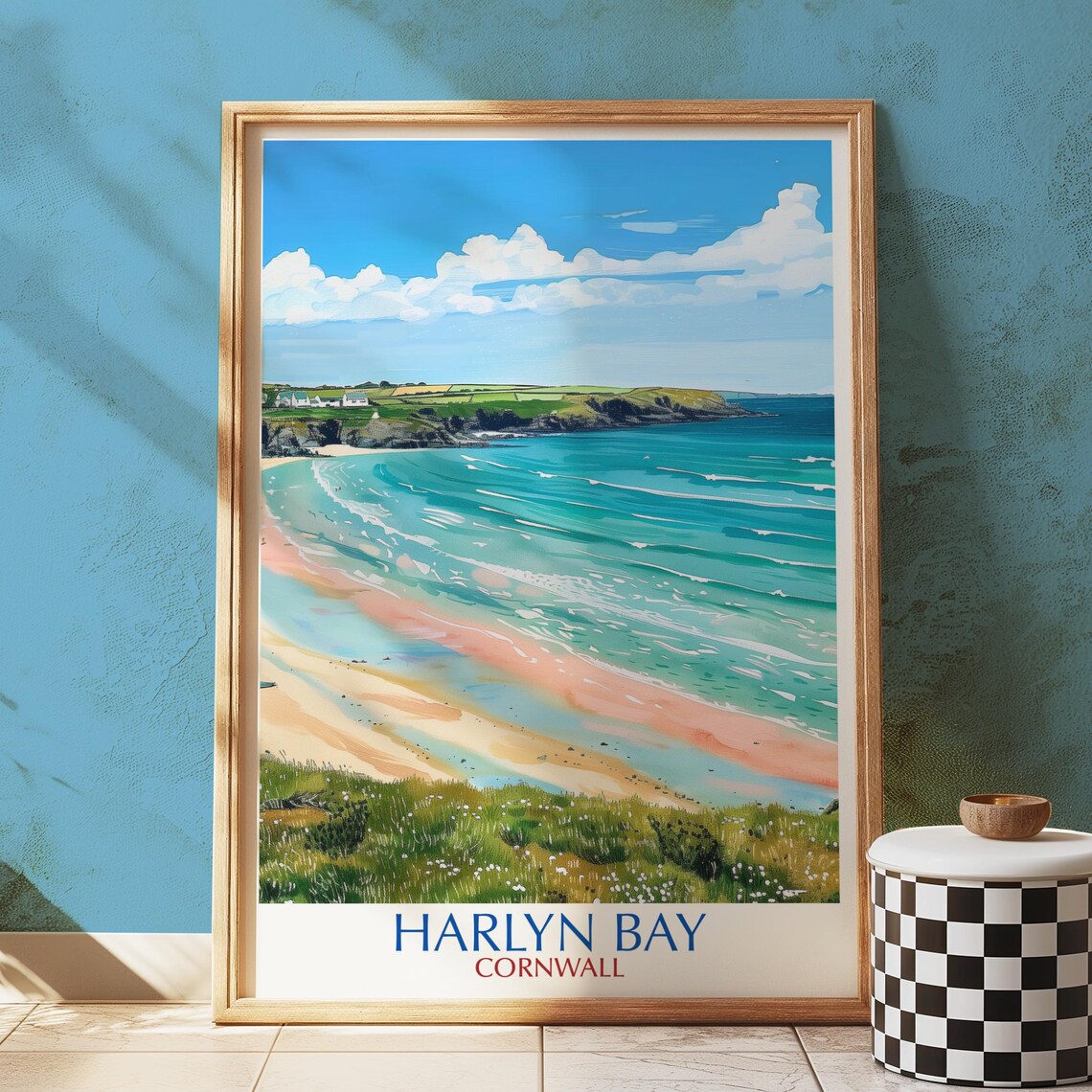 Harlyn Bay Cornwall Illustrated Coastal Golden Beach Travel Poster