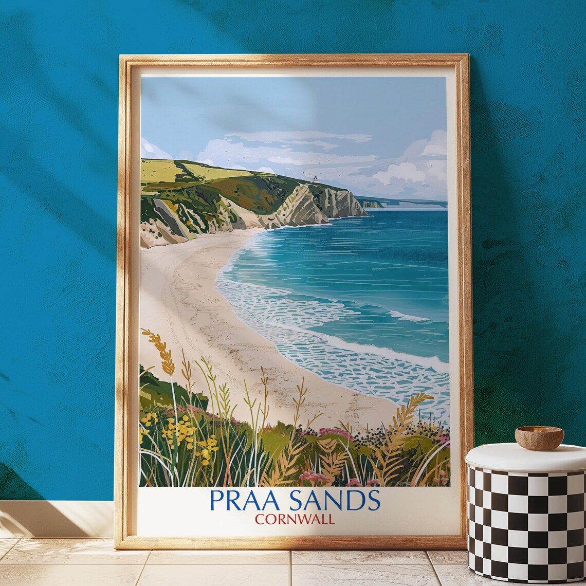 Praa Sands Cornwall Golden Dunes Wildflower Meadow Vintage Travel Poster