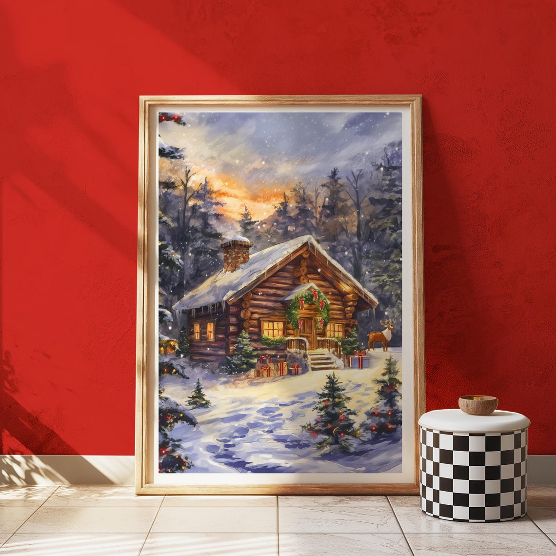 Rustic Christmas Log Cabin Snowy Winter Night Scene Festive Poster