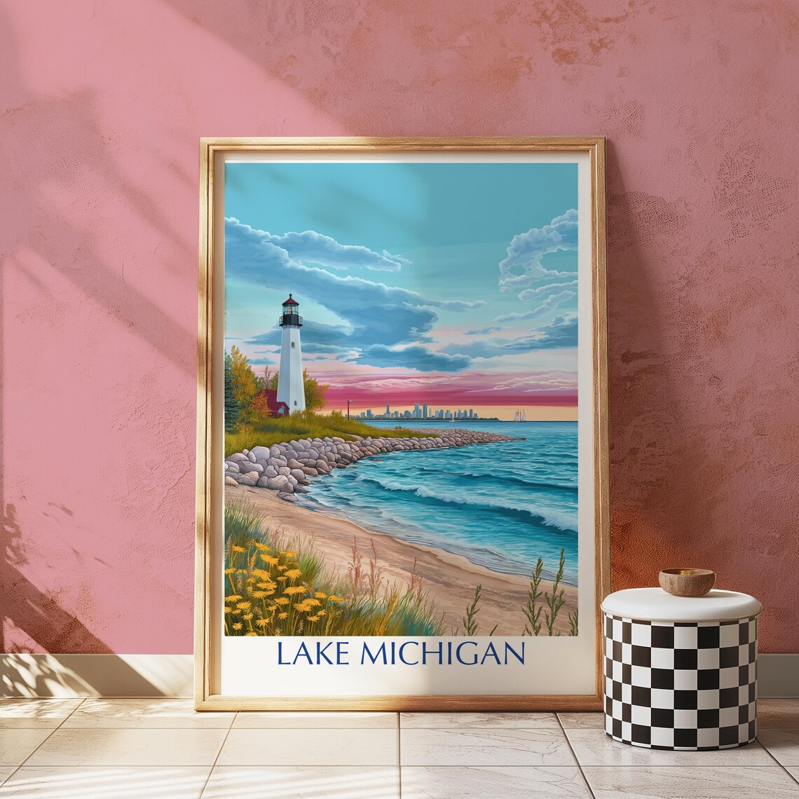 Lake Michigan Lighthouse Sunset Beach Vintage Travel Style Poster