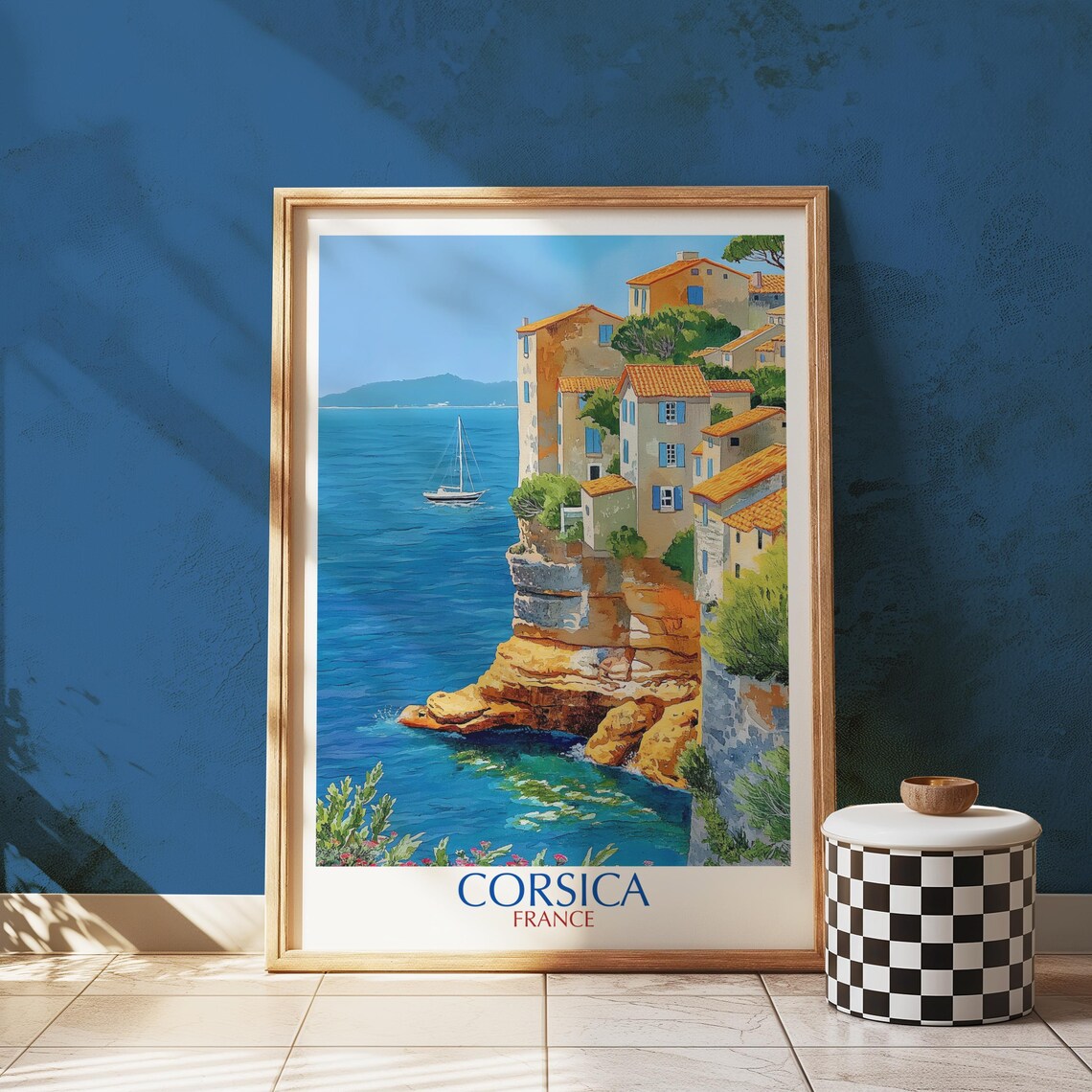 Corsica France Cliffside Village Sailboat Mediterranean Coast Travel Poster