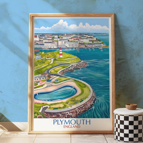 Plymouth England Art Print Coastal City Illustration Smeatons Tower Lighthouse