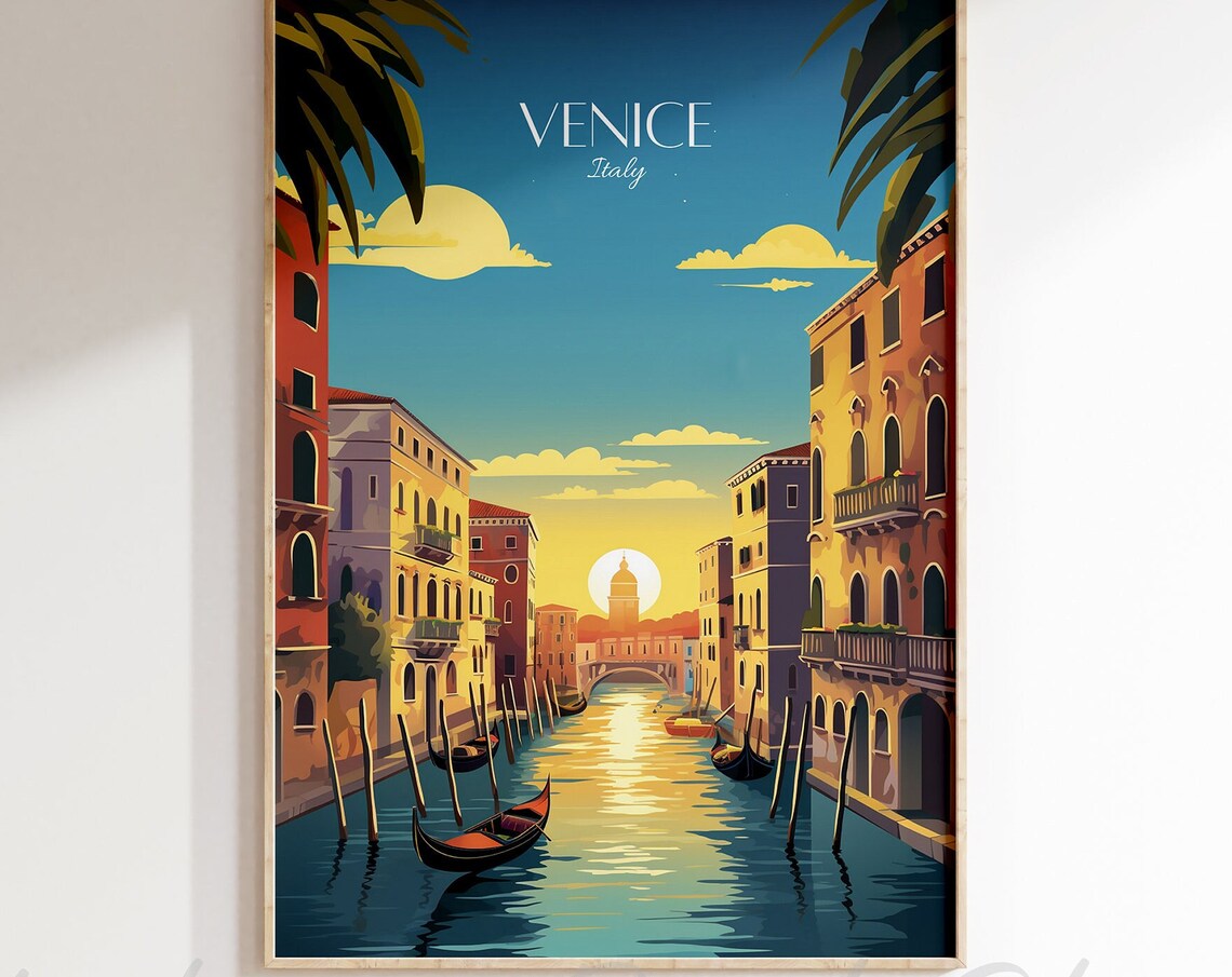 Venice Italy Vintage Travel Poster Sunset Canal Gondola Scene
