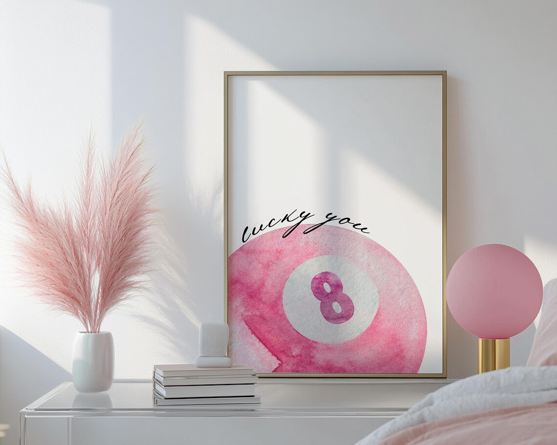 Lucky You Pink Watercolor Eight Ball Dorm Room Trendy Wall Art - Image 3