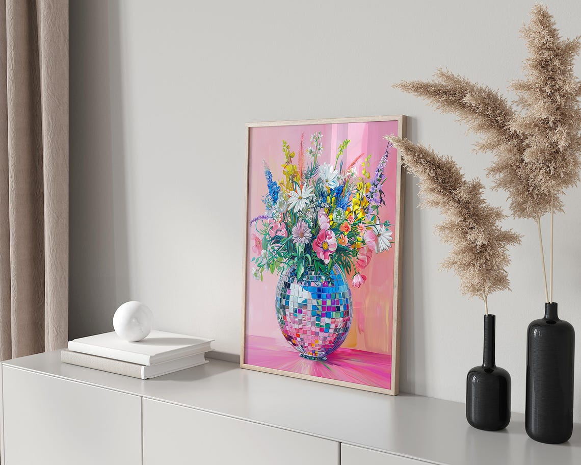 Disco Ball Vase Wildflowers Maximalist Pink Floral Art Poster - Image 3