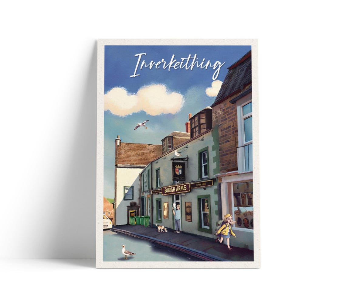 Inverkeithing Scotland Burgh Arms Pub Whimsical Illustration Poster