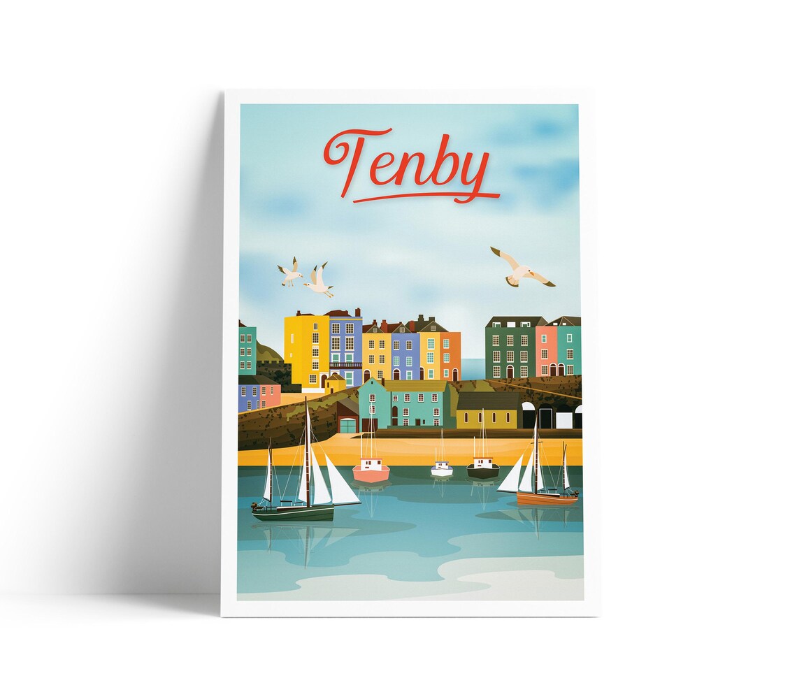 Tenby Travel Poster, Welsh Harbour Art Print