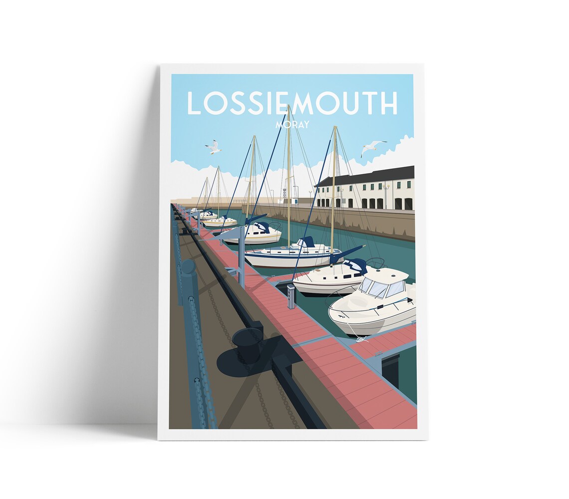 Lossiemouth Harbour Travel Poster, Moray Scotland Boats