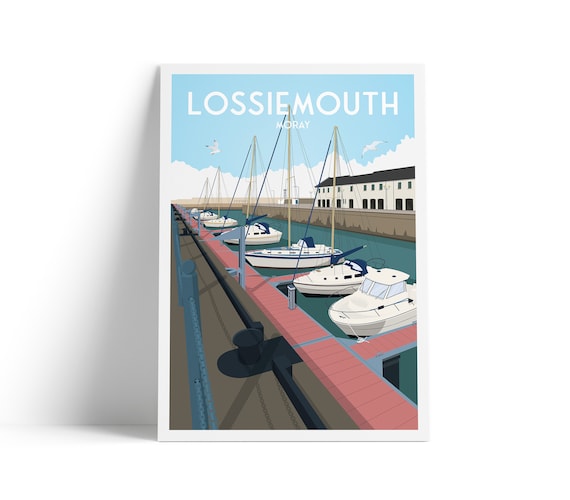 Lossiemouth Harbour Travel Poster, Moray Scotland Boats