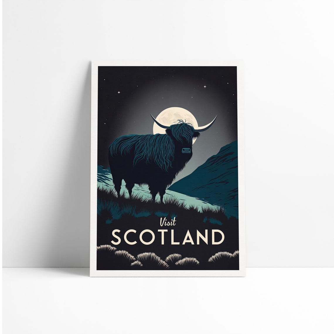 Visit Scotland Poster with Highland Cow Under Full Moonlit Sky