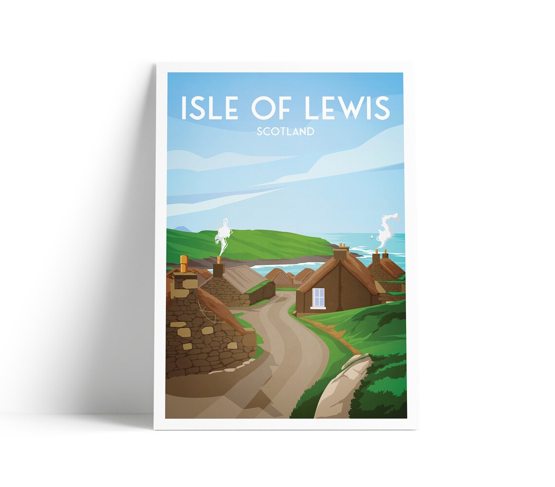 Isle Of Lewis Scotland Blackhouse Village Coastal Vintage Travel Poster