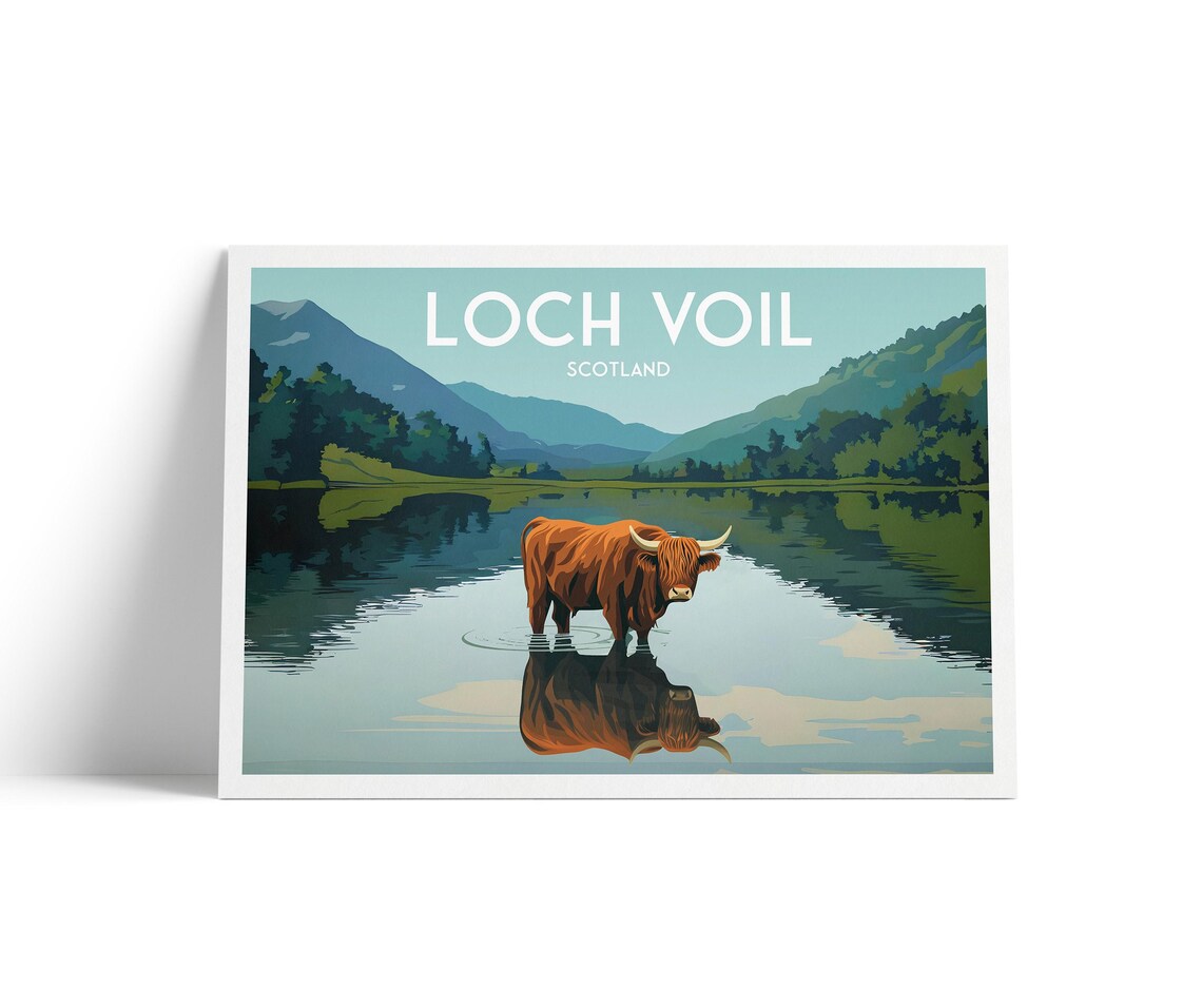 Loch Voil Scotland Highland Cow Lake Reflection Travel Artwork Poster