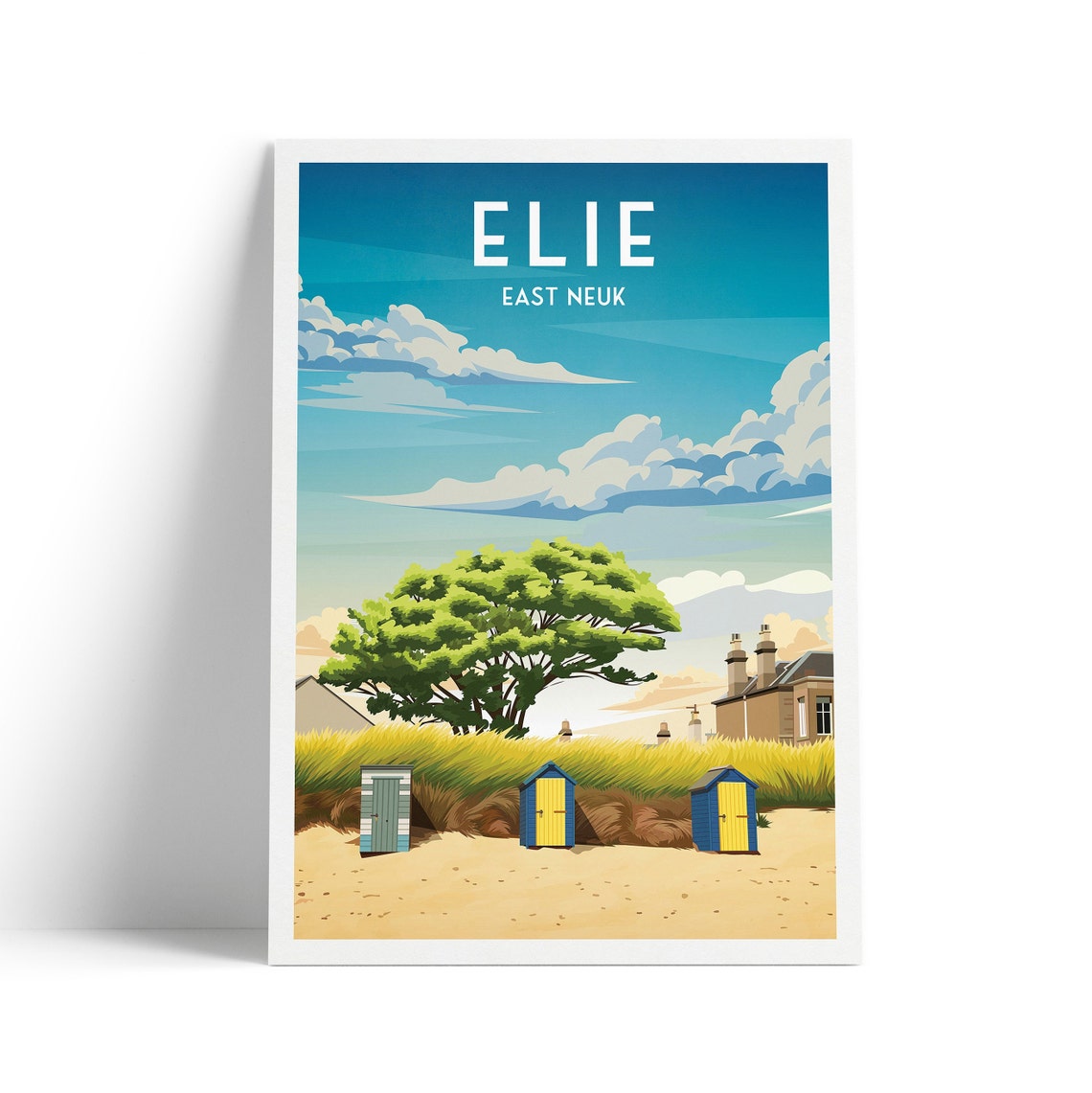 Elie East Neuk Beach Huts Coastal Path Sunny Scotland Travel Poster