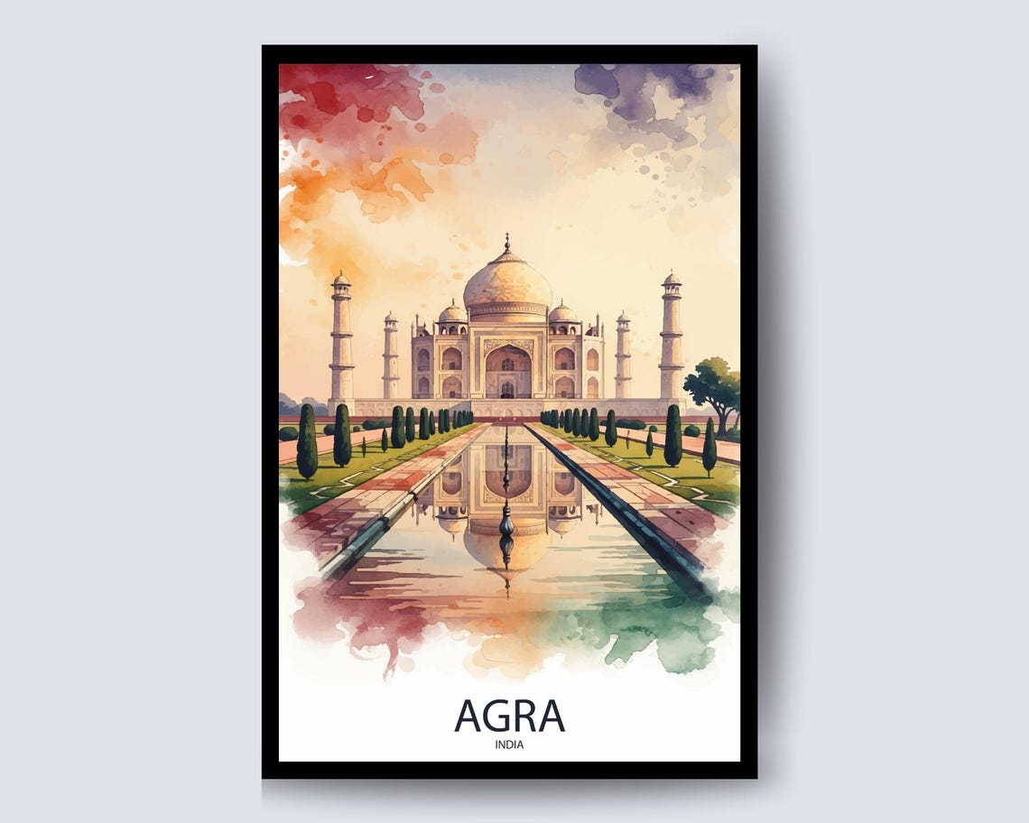 Agra India Taj Mahal Watercolor Reflection Palace Gardens Poster