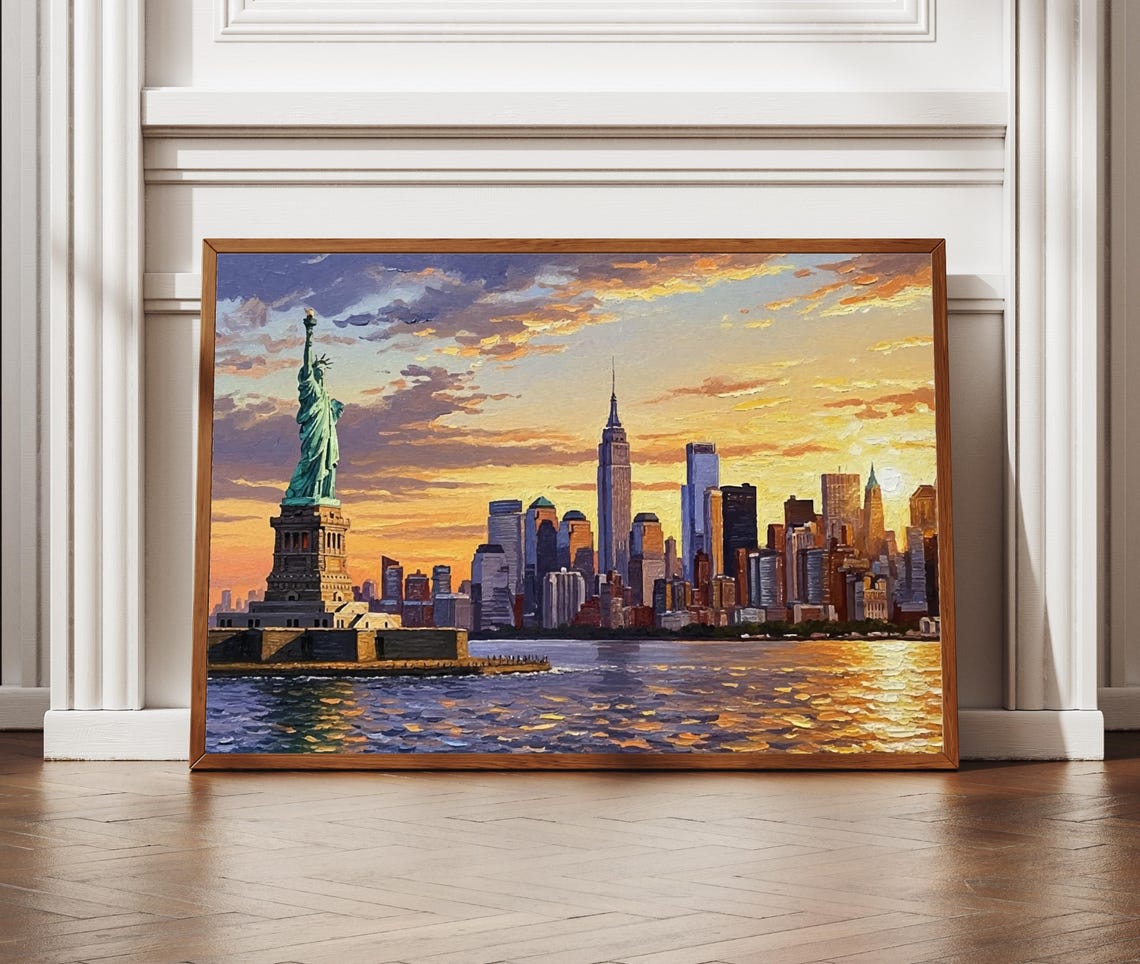 Statue Of Liberty NYC Sunset Manhattan Skyline Textured Poster