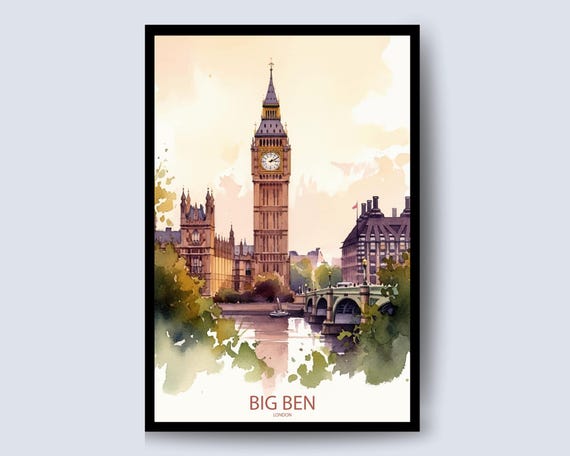 Big Ben London Westminster Riverside Sunset Watercolor Poster
