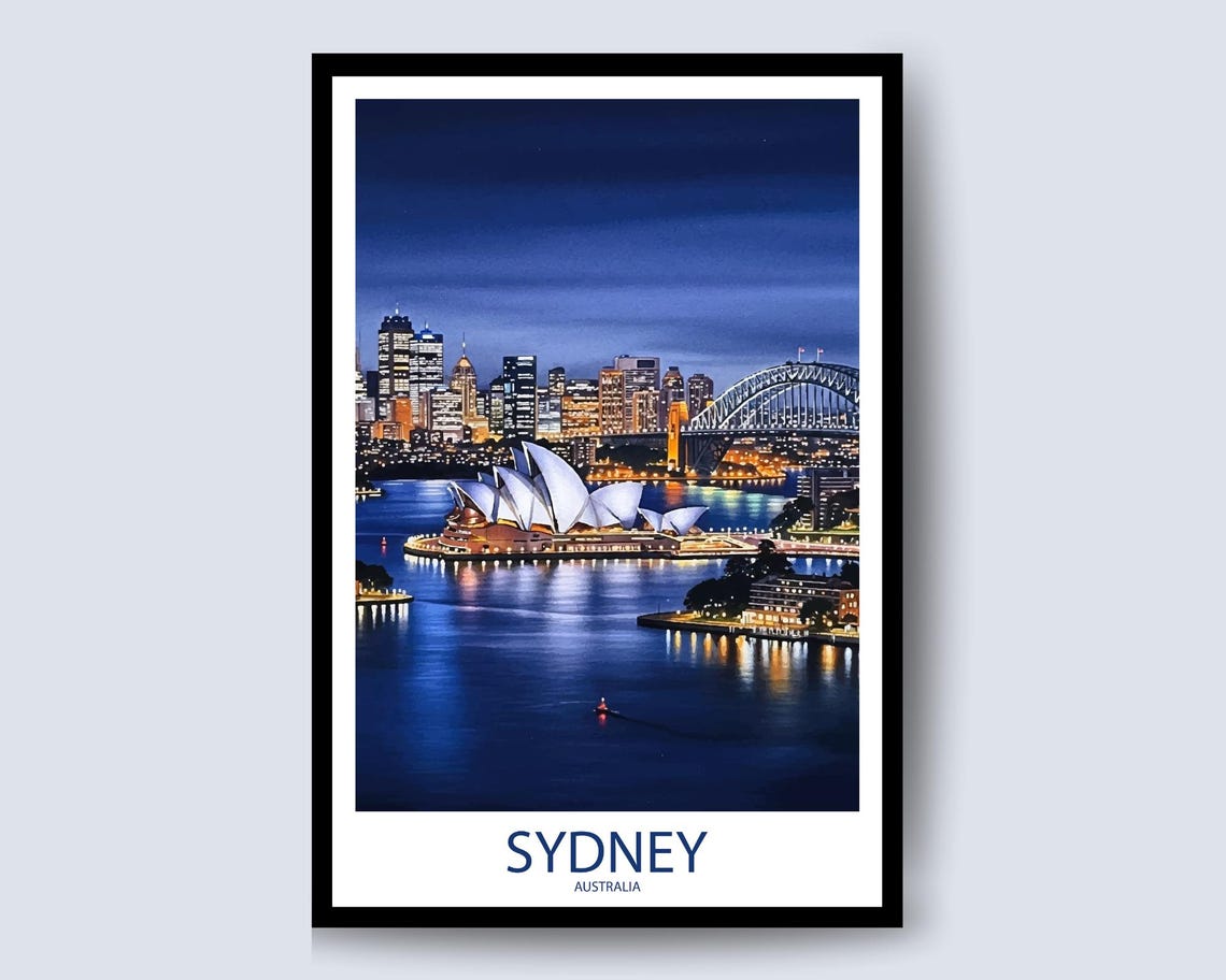 Sydney Harbor Night Lights Travel Poster Australia City Skyline