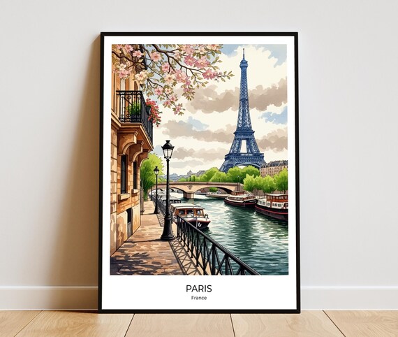 Paris Eiffel Tower Seine River Watercolor France Travel Poster