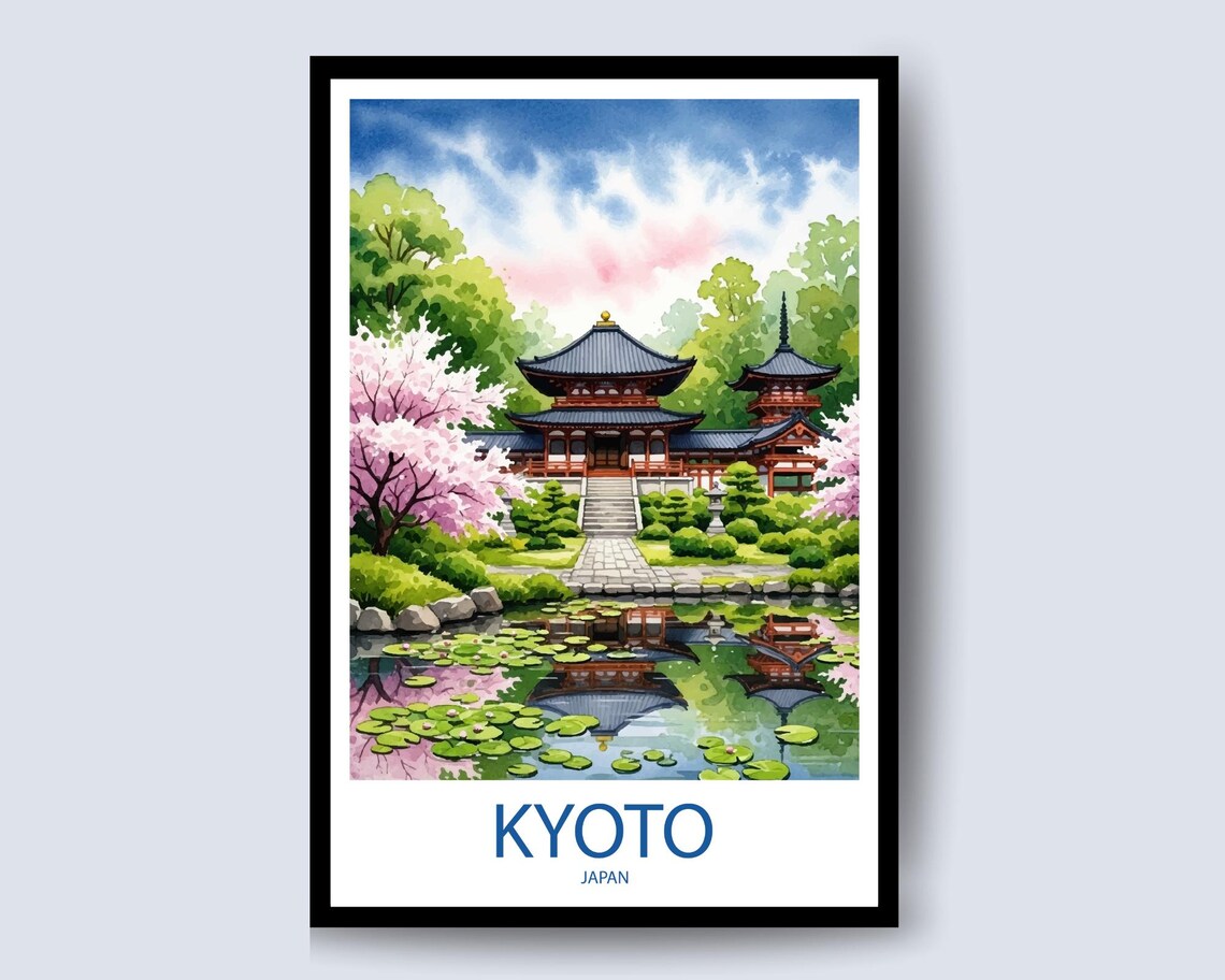 Kyoto Japan Temple and Cherry Blossom Watercolor Travel Poster