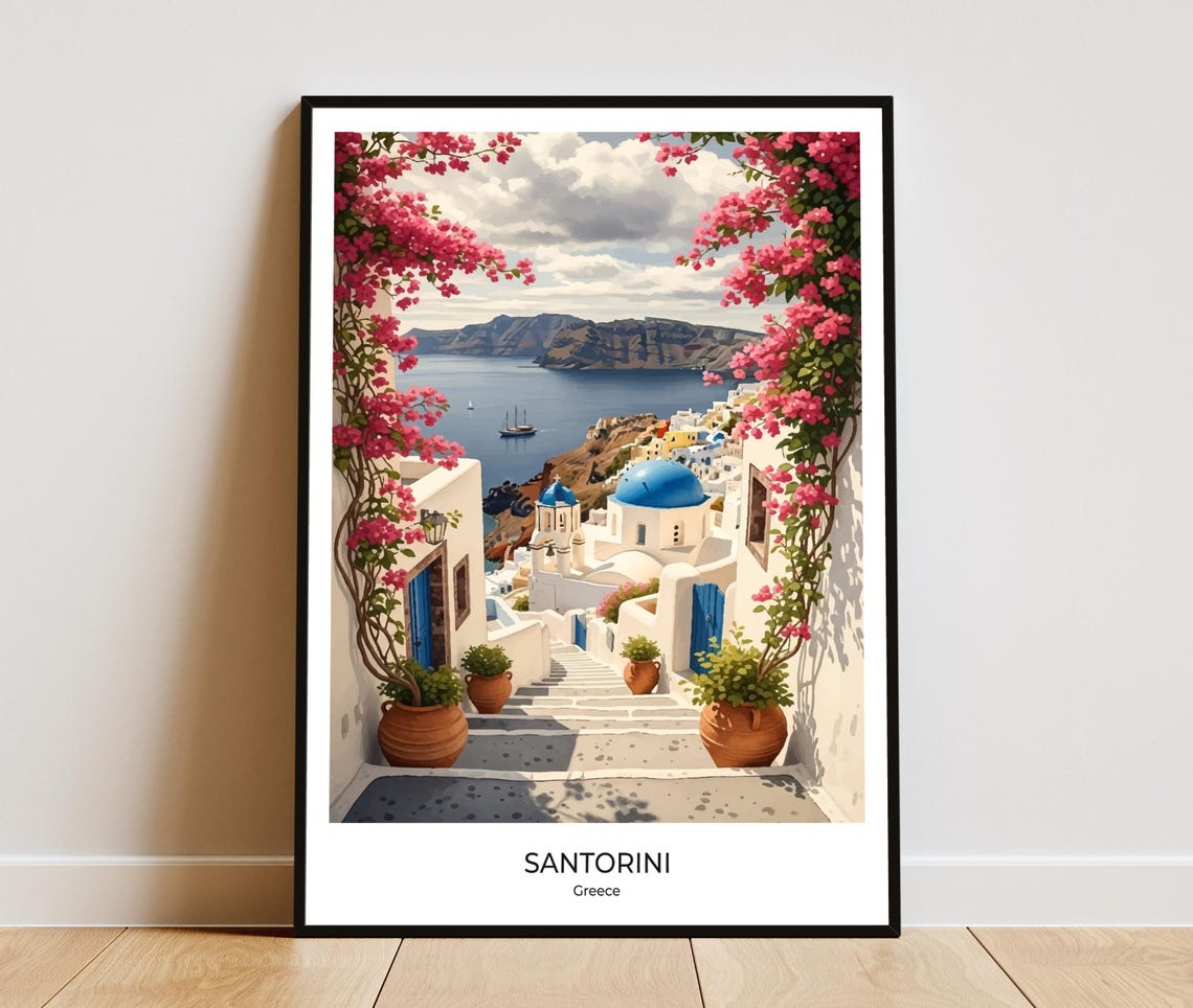 Santorini White Stairs Blue Doors Bougainvillea Travel Poster
