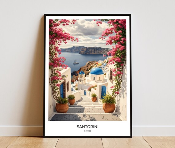 Santorini White Stairs Blue Doors Bougainvillea Travel Poster