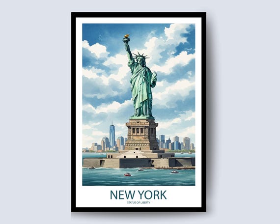Statue Of Liberty New York Blue Watercolor Harbor View Poster