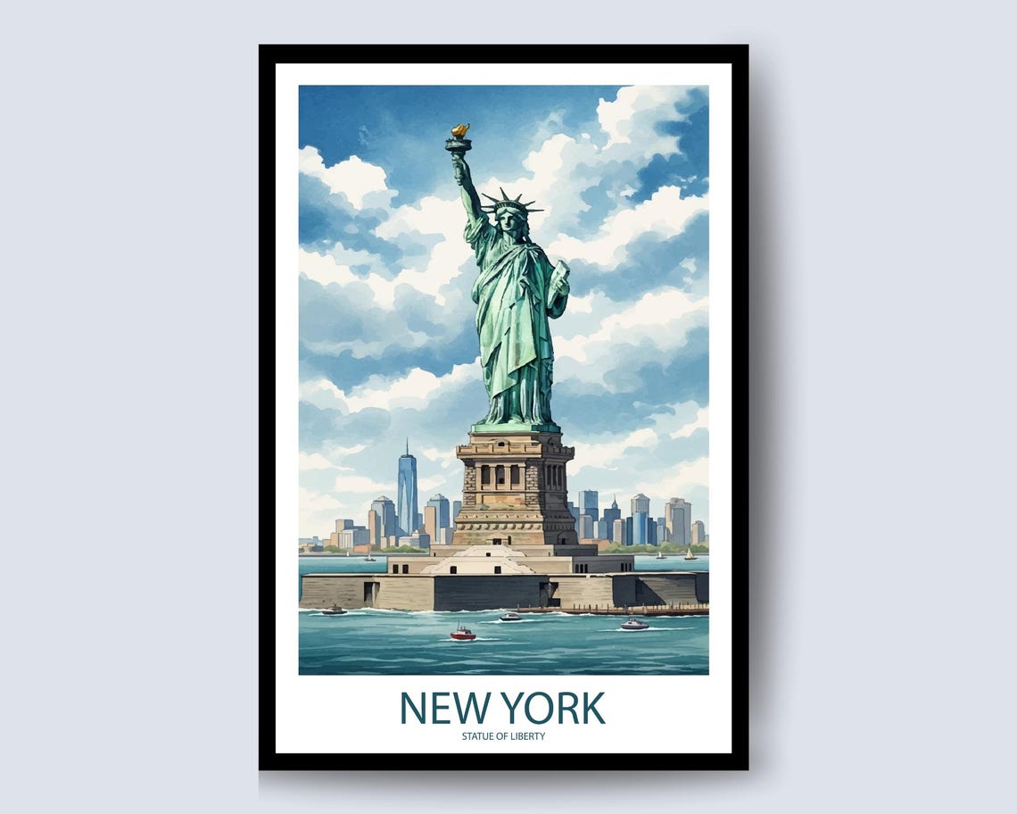 Statue Of Liberty New York Blue Watercolor Harbor View Poster