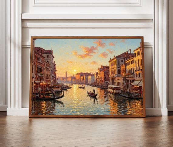 Venice Canal Wall Art Italy Gondola Poster Print Textured Style Water Cityscape Romantic Decor