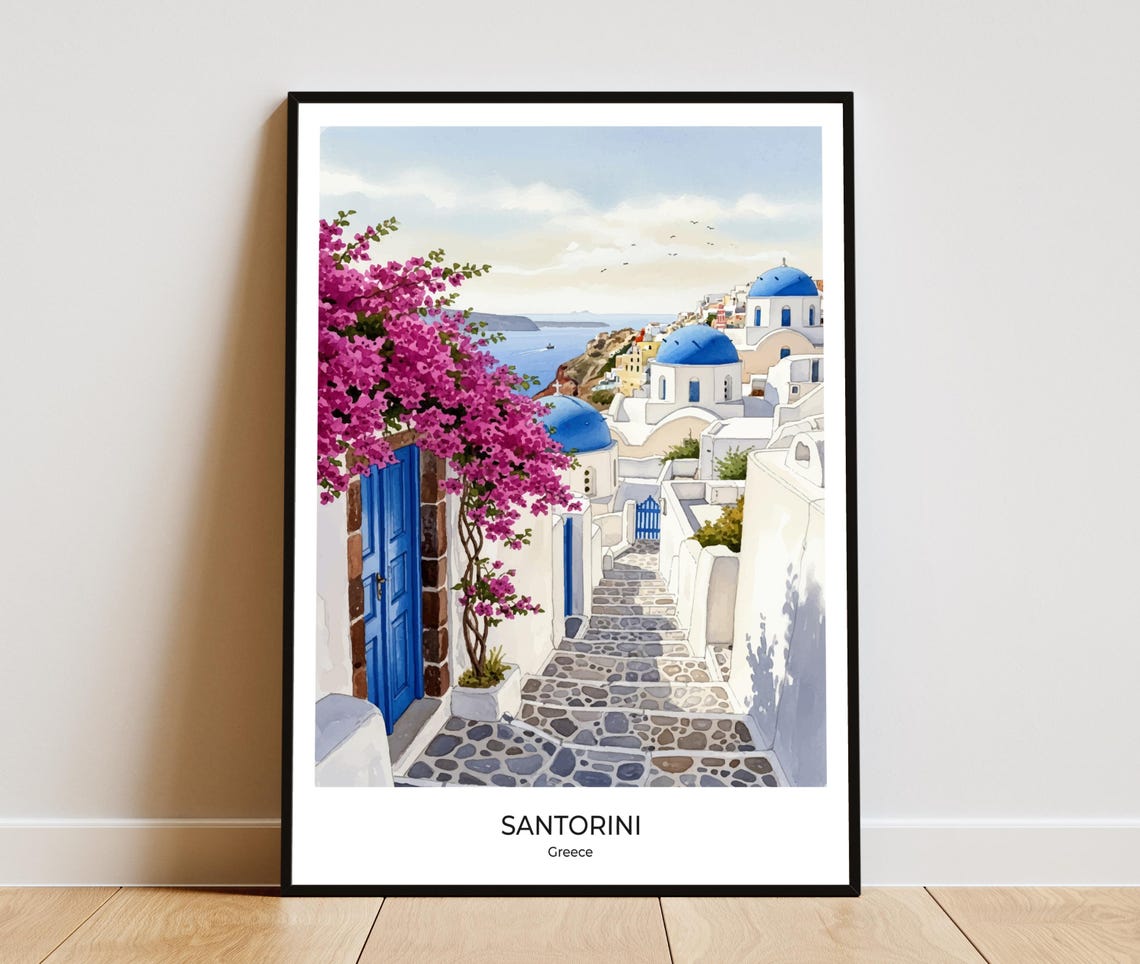 Santorini Oia Island Blue Domes Watercolor Greece Travel Poster