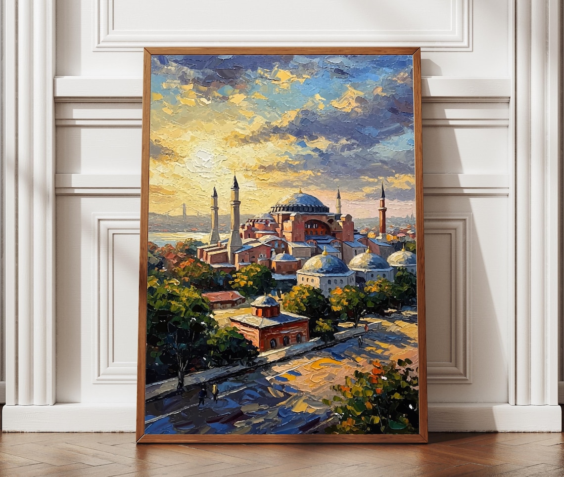 Hagia Sophia Istanbul Sunset Textured Oil Painting Cityscape Poster