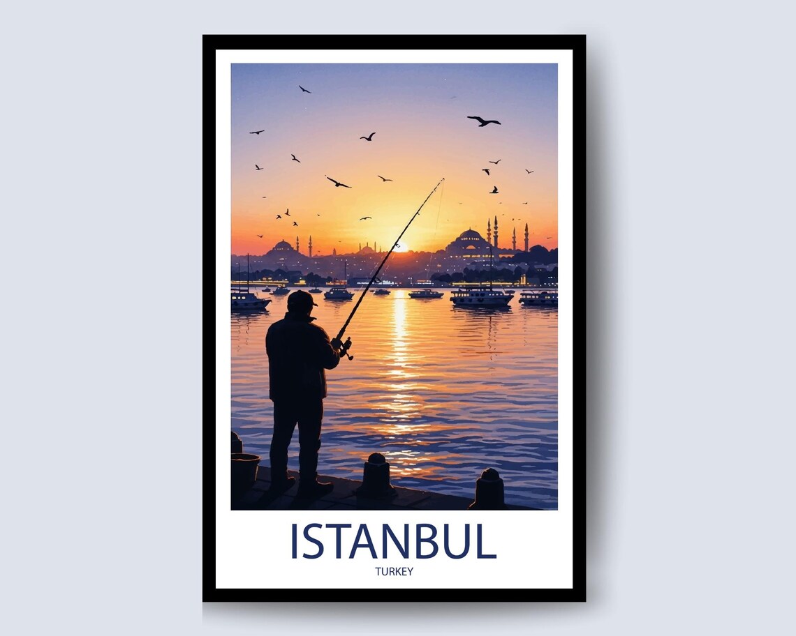 Istanbul Turkey Sunset Fisherman Silhouette Mosque Skyline Art Poster