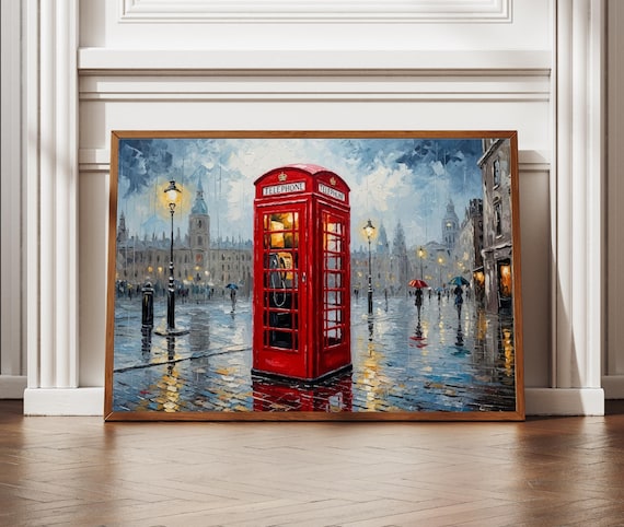 Red London Telephone Booth Rainy Street Textured Impasto Poster
