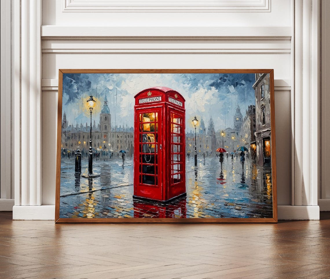 Red London Telephone Booth Rainy Street Textured Impasto Poster