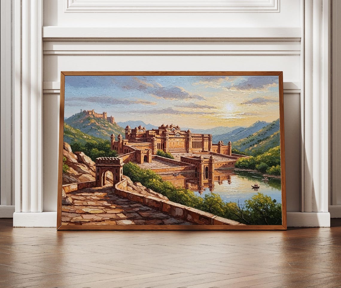 Amber Fort Jaipur Rajasthan Sunset Palace Textured Art Poster