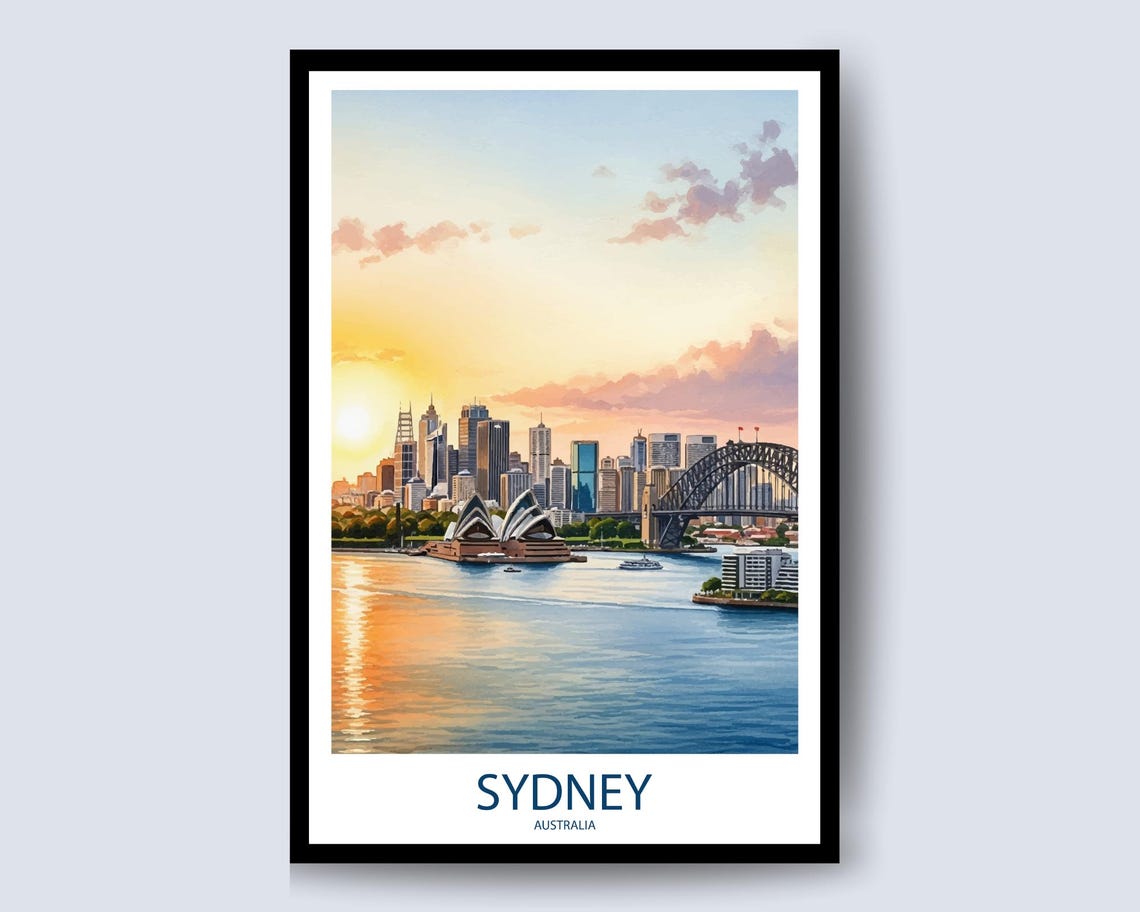 Sydney Australia Harbor Skyline Travel Poster Sunrise Watercolor