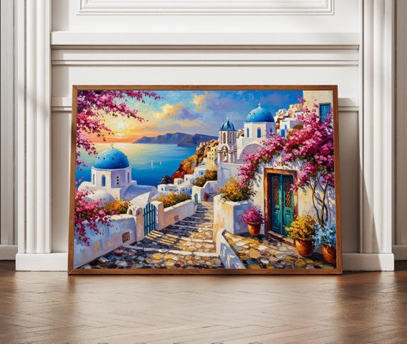 Santorini Greece Wall Art Oia Village Travel Poster Blue Dome Printing Textured Style Mediterranean Greek Islands Decor
