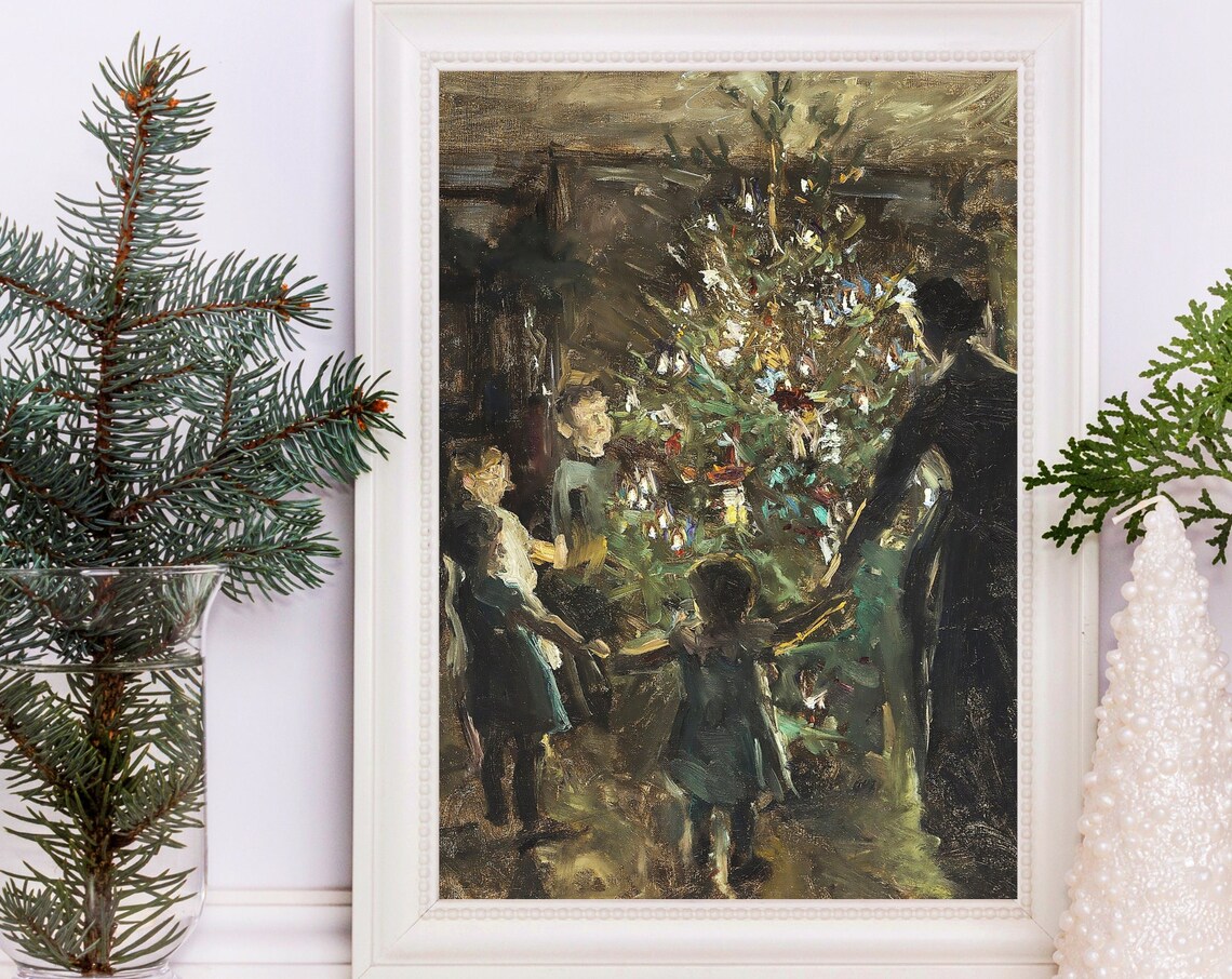 Vintage Christmas Tree Winter Painting Art Print - Image 2