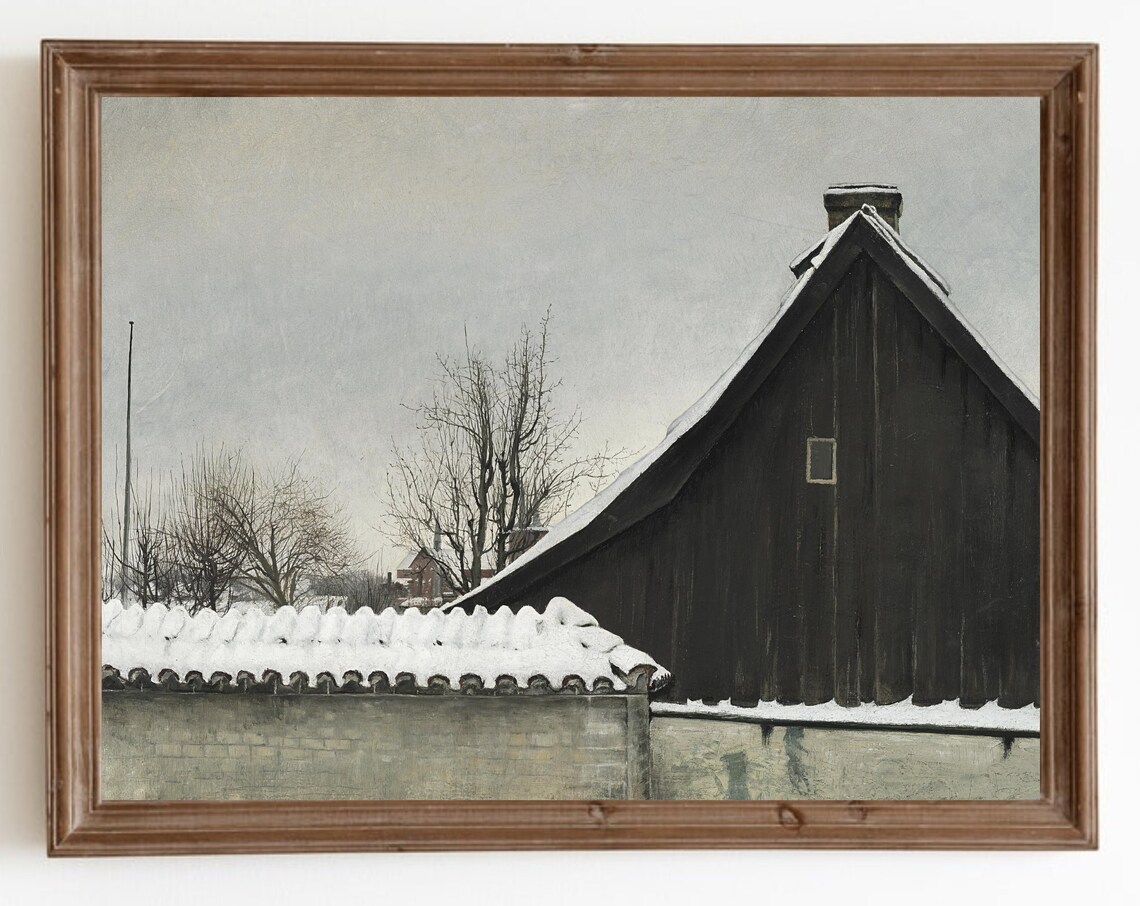 Vintage Snowy Church, Winter Farmhouse Art Print