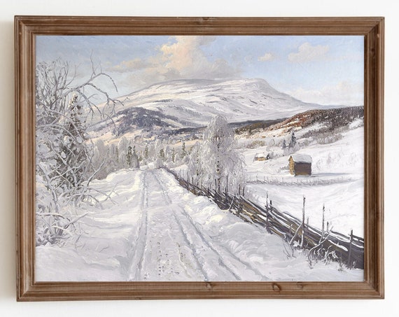Winter Snow Landscape Print Vintage Cottage Country Decor Forest Painting Art