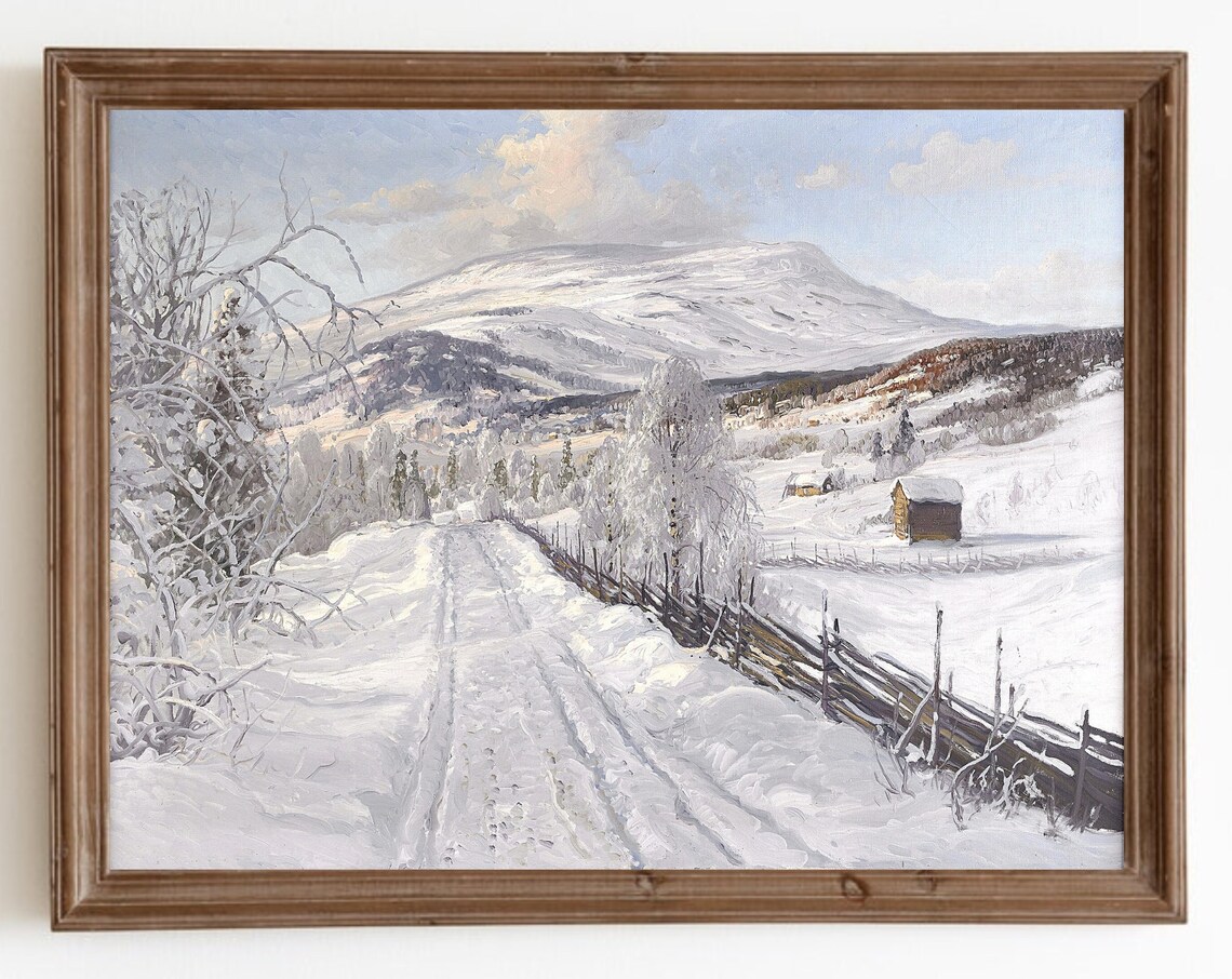 Snowy Mountain Road Winter Valley Fence Cabin Vintage Landscape Poster