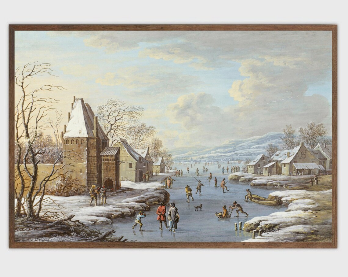 Vintage Ice Skating Christmas Village Art Print