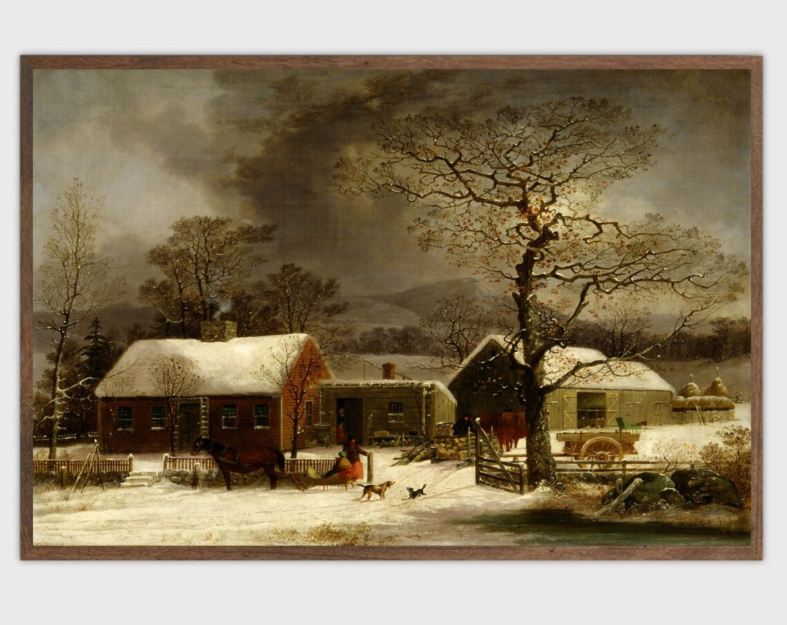 Vintage Winter Farm Painting, Antique Farmhouse Decor - Image 2