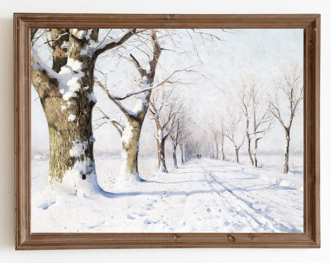 Snow Covered Tree Lined Road Winter Landscape Vintage Painting Poster