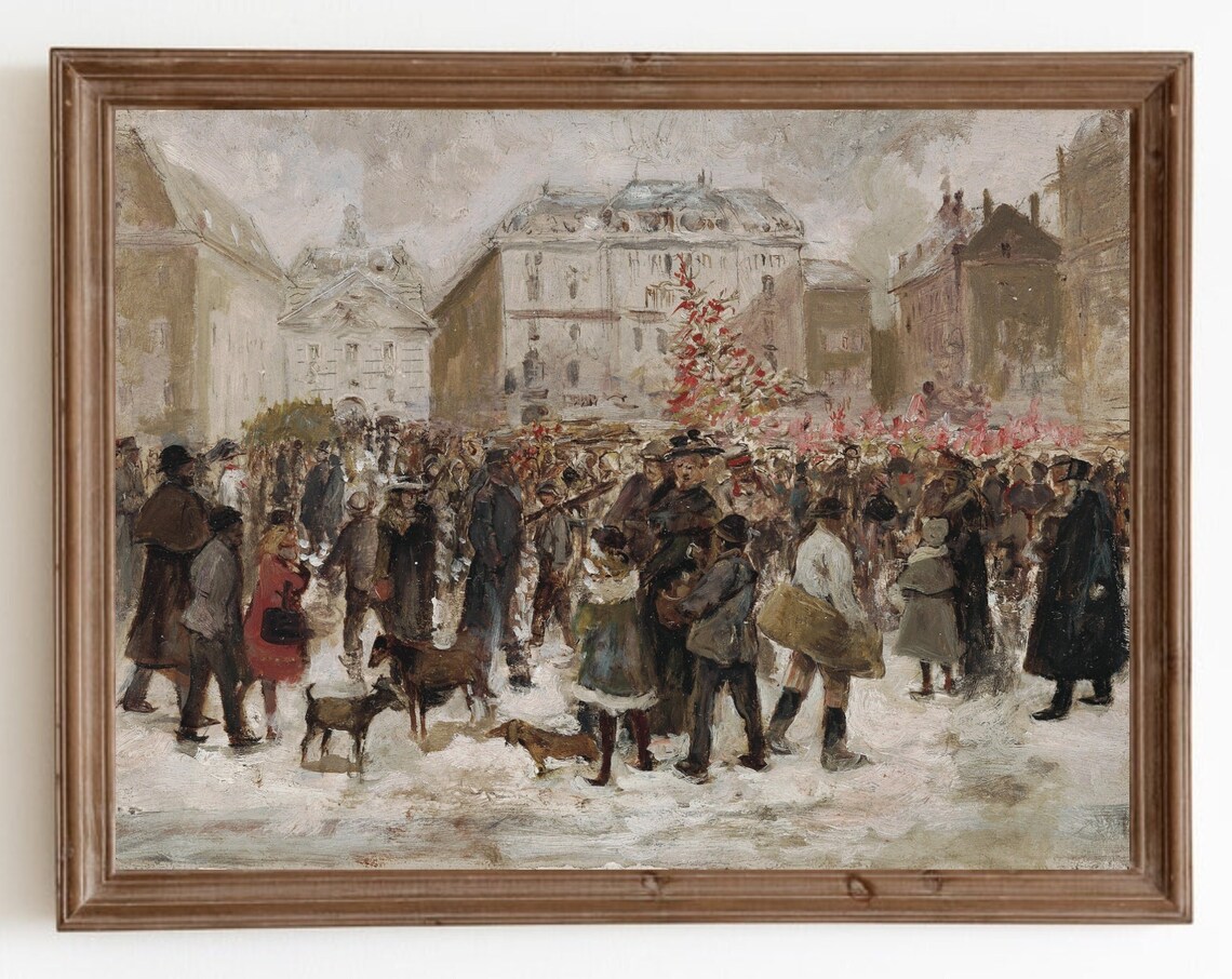 Vintage Christmas Market Art Print, Winter Village