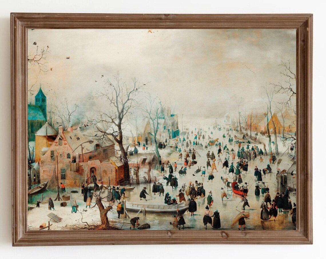 Vintage Ice Skating Christmas Winter Landscape Art Print