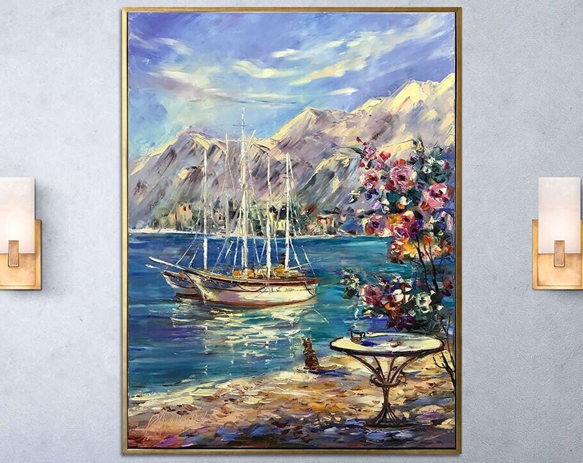 Amalfi Coast Italy Oil Painting Original Italian Painting Large Italy Scene Wall Art Boat Painting Italy Coast Art Positano Coast Painting